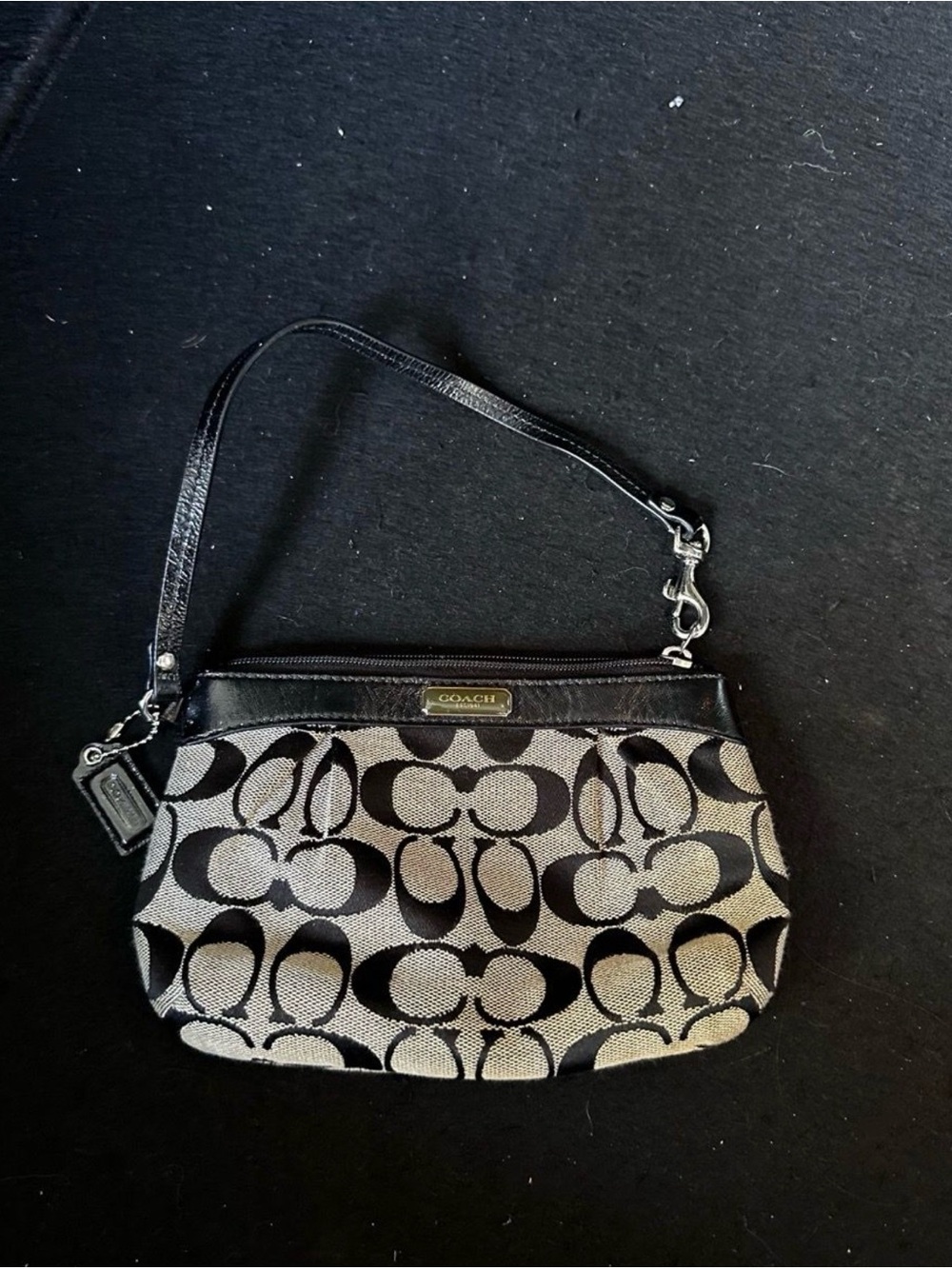 Coach Black and Cream Signature Jacquard Wristlet with Leather Trim